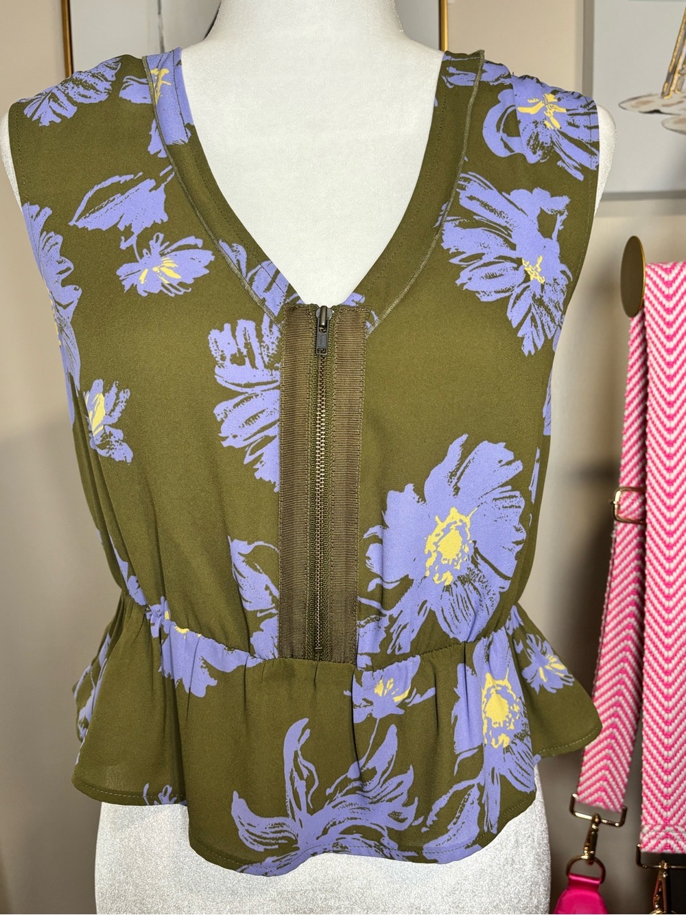 Cabi Olive Green Floral Peplum Tank Top - Sleeveless Women's Top